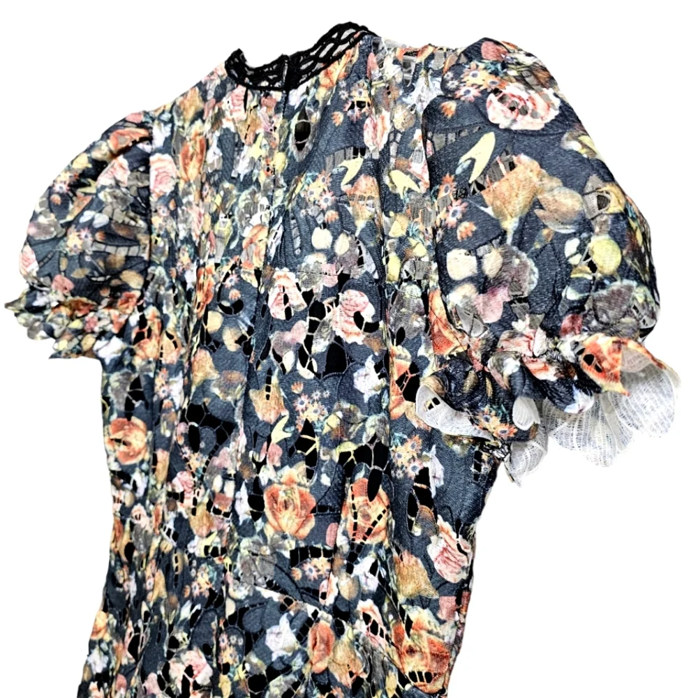 Nwot Boohoo Crochet  Cutout Floral Lace Puff Sleeve Dress - Picture 7 of 17